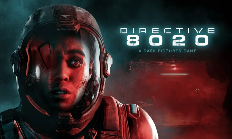 Promotional art for the sci-fi horror game Directive 8020, featuring a close-up of a terrified astronaut with a cracked helmet visor.