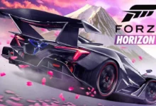 A sleek carbon fiber supercar speeds past swirling cherry blossom petals against the backdrop of a snow-capped mountain under the Forza Horizon 6 logo.