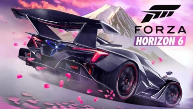 A sleek carbon fiber supercar speeds past swirling cherry blossom petals against the backdrop of a snow-capped mountain under the Forza Horizon 6 logo.