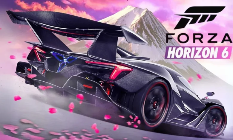 A sleek carbon fiber supercar speeds past swirling cherry blossom petals against the backdrop of a snow-capped mountain under the Forza Horizon 6 logo.