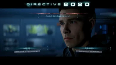 A gameplay screenshot from Directive 8020 featuring a male character faced with a critical "turning point" choice between two dialogue options.