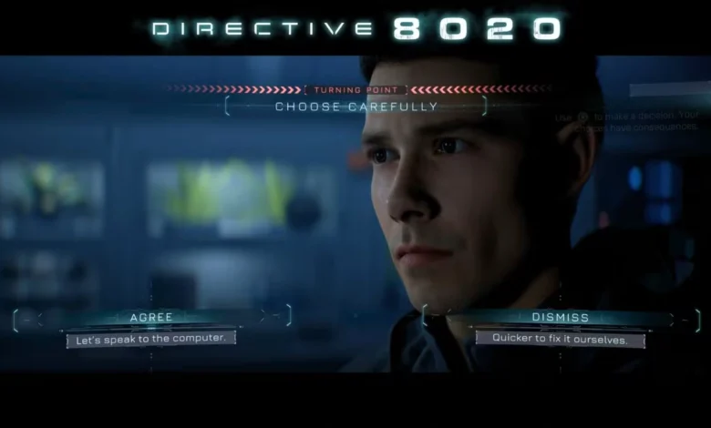 A gameplay screenshot from Directive 8020 featuring a male character faced with a critical "turning point" choice between two dialogue options.