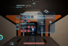 A first-person view of a video game's fabricator interface showing the crafting recipe for a Dedicated Core with a "Corrupted" error message displayed at the bottom.