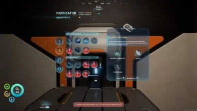 A first-person view of a video game's fabricator interface showing the crafting recipe for a Dedicated Core with a "Corrupted" error message displayed at the bottom.