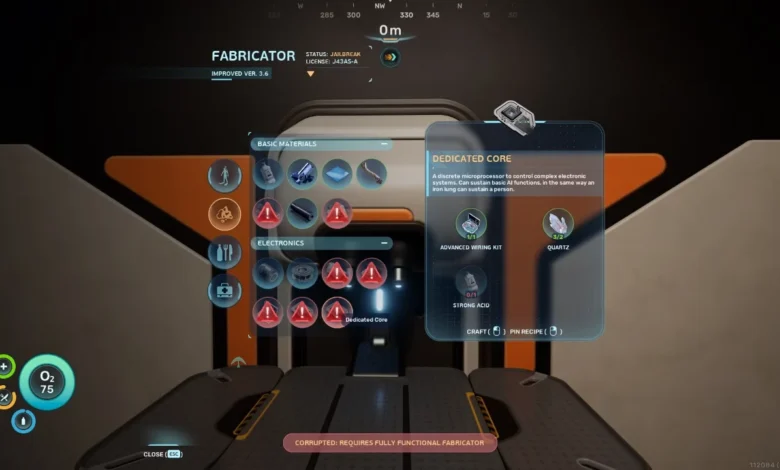 A first-person view of a video game's fabricator interface showing the crafting recipe for a Dedicated Core with a "Corrupted" error message displayed at the bottom.