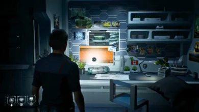 A person stands before a futuristic workstation in a dimly lit room, featuring a glowing monitor, technical diagrams, and various small plants.