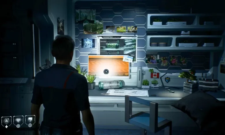 A person stands before a futuristic workstation in a dimly lit room, featuring a glowing monitor, technical diagrams, and various small plants.