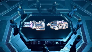 A crew stands around a futuristic briefing table displaying glowing holographic diagrams of machinery in a high-tech room.