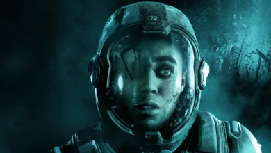 A terrified astronaut looks forward as a spindly, shadowy silhouette is reflected in the visor of their space helmet.