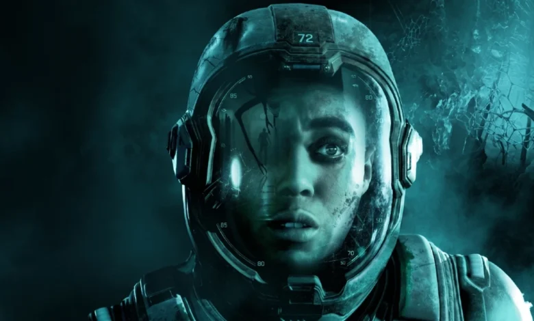 A terrified astronaut looks forward as a spindly, shadowy silhouette is reflected in the visor of their space helmet.