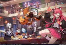 Anime characters from the game "Neverness to Everness" celebrate the Lunar New Year with food and red envelopes in a festively decorated modern apartment.