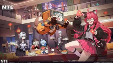 Anime characters from the game "Neverness to Everness" celebrate the Lunar New Year with food and red envelopes in a festively decorated modern apartment.