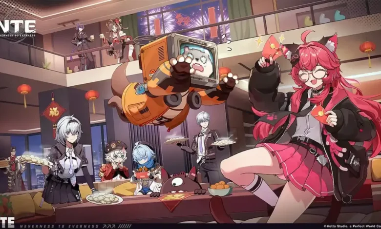 Anime characters from the game "Neverness to Everness" celebrate the Lunar New Year with food and red envelopes in a festively decorated modern apartment.