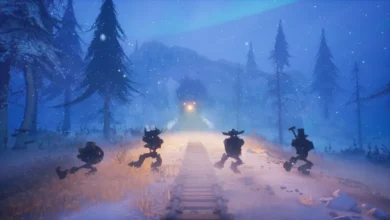 Four stylized, mechanical figures dance along a railroad track in a snowy forest as a bright light approaches from the distance.