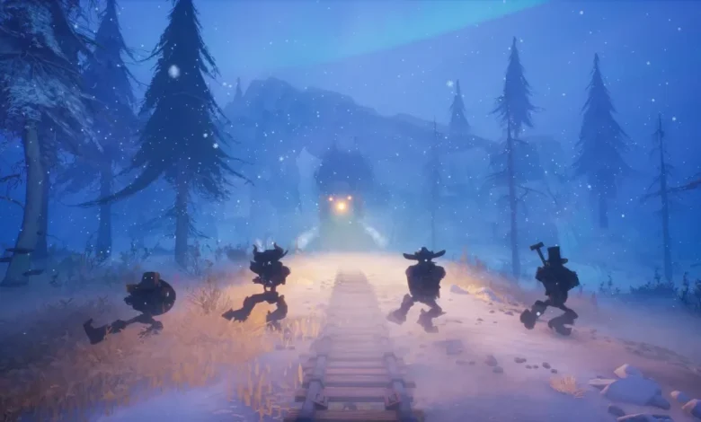 Four stylized, mechanical figures dance along a railroad track in a snowy forest as a bright light approaches from the distance.