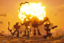 Four mechanical warriors pose heroically in a desert landscape against the backdrop of a massive, glowing explosion.