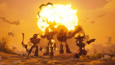 Four mechanical warriors pose heroically in a desert landscape against the backdrop of a massive, glowing explosion.