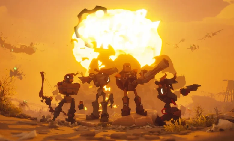 Four mechanical warriors pose heroically in a desert landscape against the backdrop of a massive, glowing explosion.