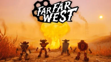 Four robotic cowboys stand in a desert watching a massive explosion under the title "Far Far West."