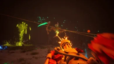 First-person perspective of a character firing a glowing heavy weapon at a skeletal monster in a dark, magical environment.
