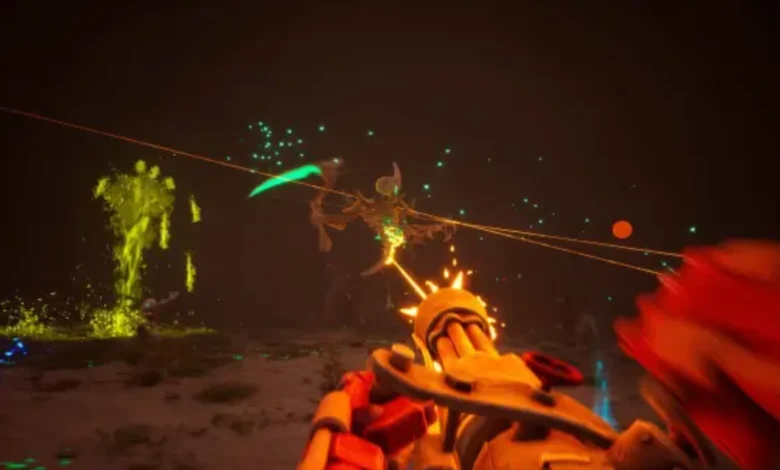 First-person perspective of a character firing a glowing heavy weapon at a skeletal monster in a dark, magical environment.