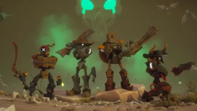 Four unique robotic warriors stand armed in a bone-filled wasteland under the gaze of a giant, glowing green skull.