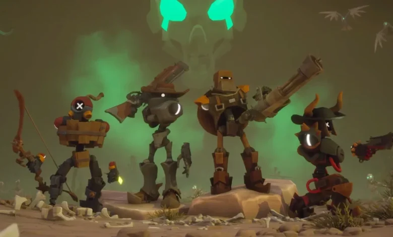 Four unique robotic warriors stand armed in a bone-filled wasteland under the gaze of a giant, glowing green skull.