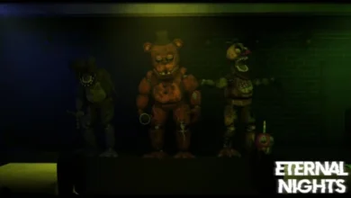 Three withered animatronic characters from Five Nights at Freddy's stand on a dark, dimly lit stage for the "Eternal Nights" fan game.