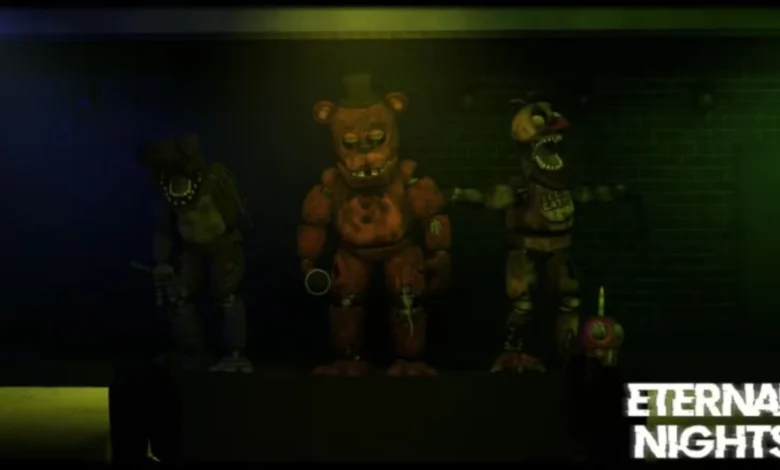 Three withered animatronic characters from Five Nights at Freddy's stand on a dark, dimly lit stage for the "Eternal Nights" fan game.