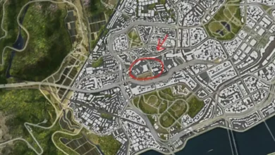 An aerial view of a digital city map with a red arrow and circle highlighting a specific urban location.