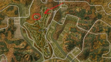 Overhead map of a forested area featuring a golf course and winding roads, with red annotations highlighting specific locations.