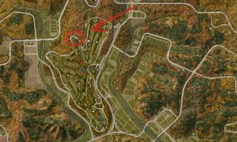 Overhead map of a forested area featuring a golf course and winding roads, with red annotations highlighting specific locations.