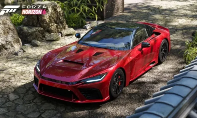 A sleek red sports car parked in a traditional Japanese garden with stone paths and lush greenery, featuring a Forza Horizon 6 concept logo.