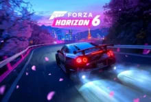Promotional graphic for Forza Horizon 6 featuring a sports car racing along a road lined with cherry blossoms toward a neon-lit city at night.