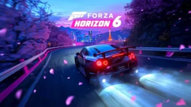 Promotional graphic for Forza Horizon 6 featuring a sports car racing along a road lined with cherry blossoms toward a neon-lit city at night.