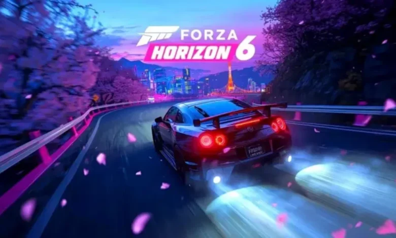 Promotional graphic for Forza Horizon 6 featuring a sports car racing along a road lined with cherry blossoms toward a neon-lit city at night.