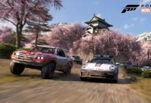 Off-road vehicles race through a scenic Japanese landscape featuring blooming cherry blossoms and a traditional castle in Forza Horizon 6.
