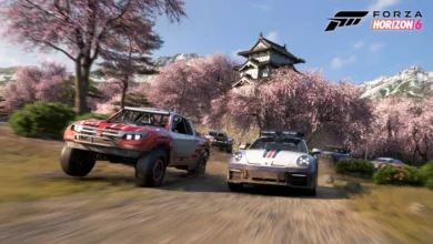 Off-road vehicles race through a scenic Japanese landscape featuring blooming cherry blossoms and a traditional castle in Forza Horizon 6.