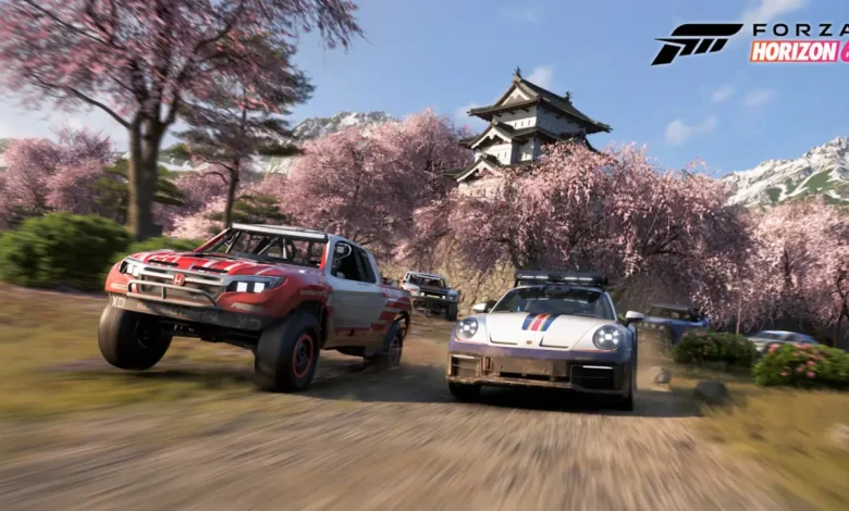 Off-road vehicles race through a scenic Japanese landscape featuring blooming cherry blossoms and a traditional castle in Forza Horizon 6.