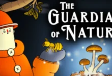 Illustration of a character in an orange outfit holding a small insect beside glowing mushrooms, titled "THE GUARDIAN OF NATURE."