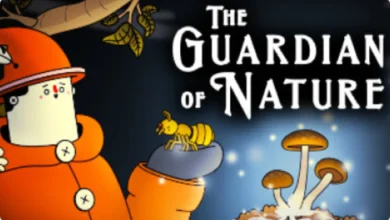 Illustration of a character in an orange outfit holding a small insect beside glowing mushrooms, titled "THE GUARDIAN OF NATURE."