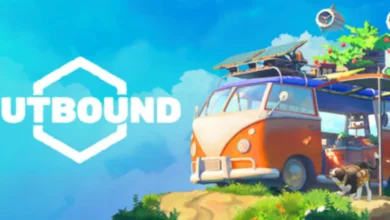 Vibrant promotional art for the game "Outbound" showing a customized orange camper van with solar panels and a rooftop garden parked on a sunny hillside next to a small cat.