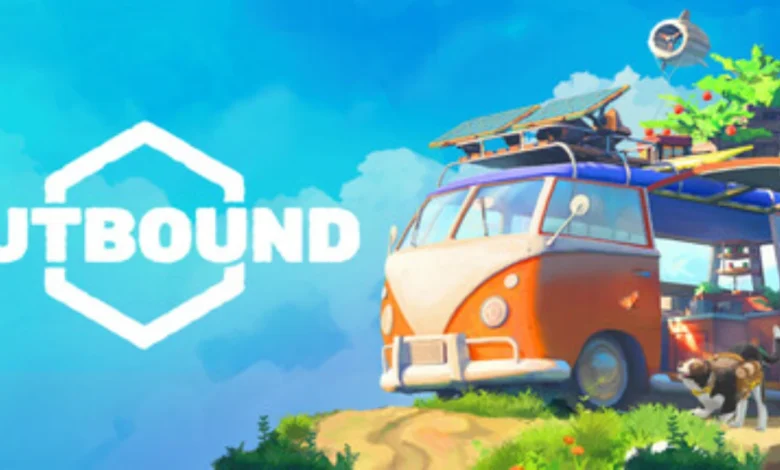 Vibrant promotional art for the game "Outbound" showing a customized orange camper van with solar panels and a rooftop garden parked on a sunny hillside next to a small cat.