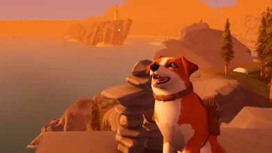 A happy animated dog wearing a backpack sits on a rocky overlook during a golden sunset, with a coastal lighthouse in the distance.