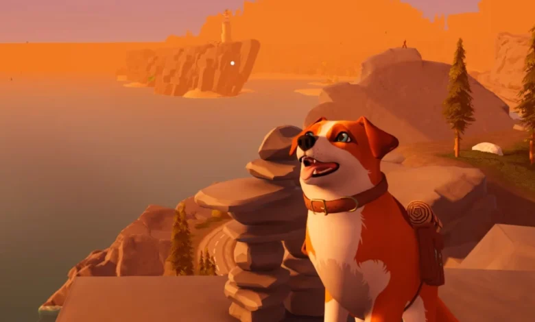 A happy animated dog wearing a backpack sits on a rocky overlook during a golden sunset, with a coastal lighthouse in the distance.