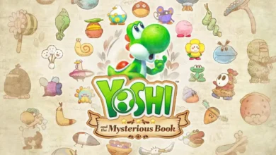 Promotional title art for "Yoshi and the Mysterious Book" featuring the character Yoshi surrounded by colorful enemies on a parchment-style background.