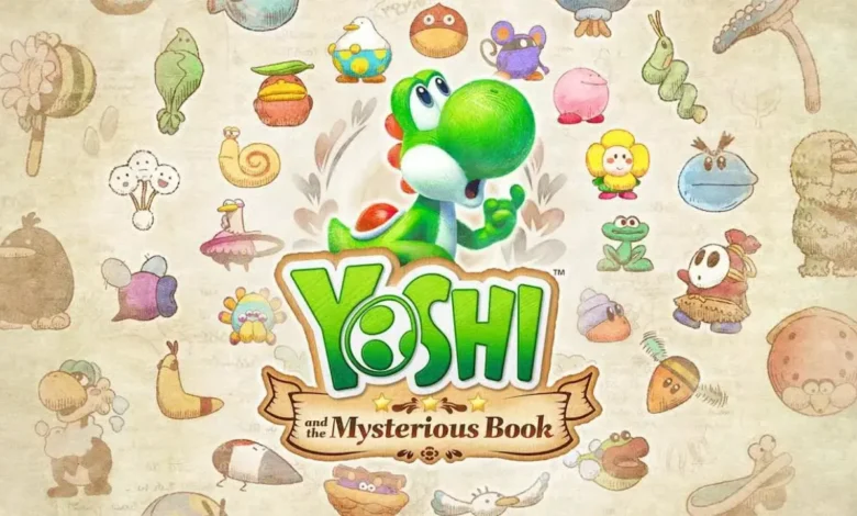 Promotional title art for "Yoshi and the Mysterious Book" featuring the character Yoshi surrounded by colorful enemies on a parchment-style background.
