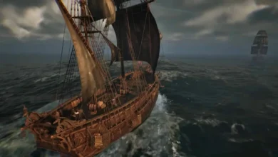 A wooden sailing ship with dark sails navigates choppy waters toward another vessel on the horizon under a stormy sky.