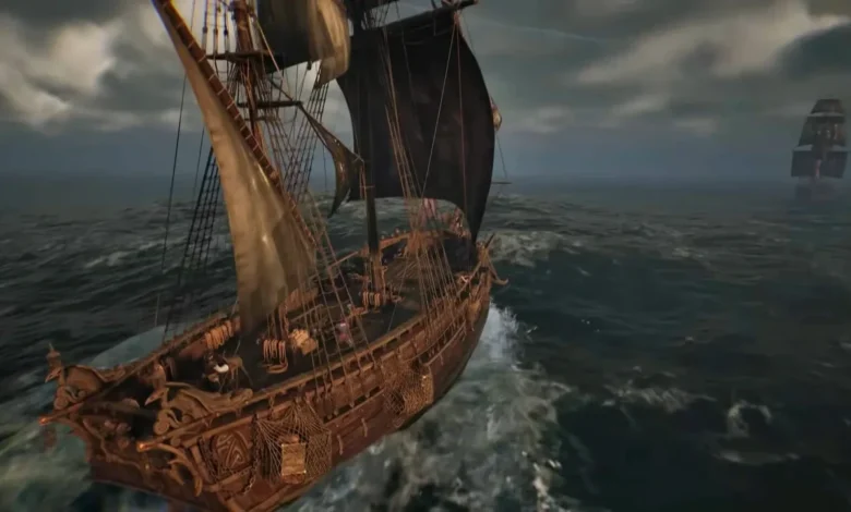 A wooden sailing ship with dark sails navigates choppy waters toward another vessel on the horizon under a stormy sky.