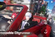 Two anime characters drive a red convertible through a bustling, modern city in a scene from the video game Neverness to Everness.